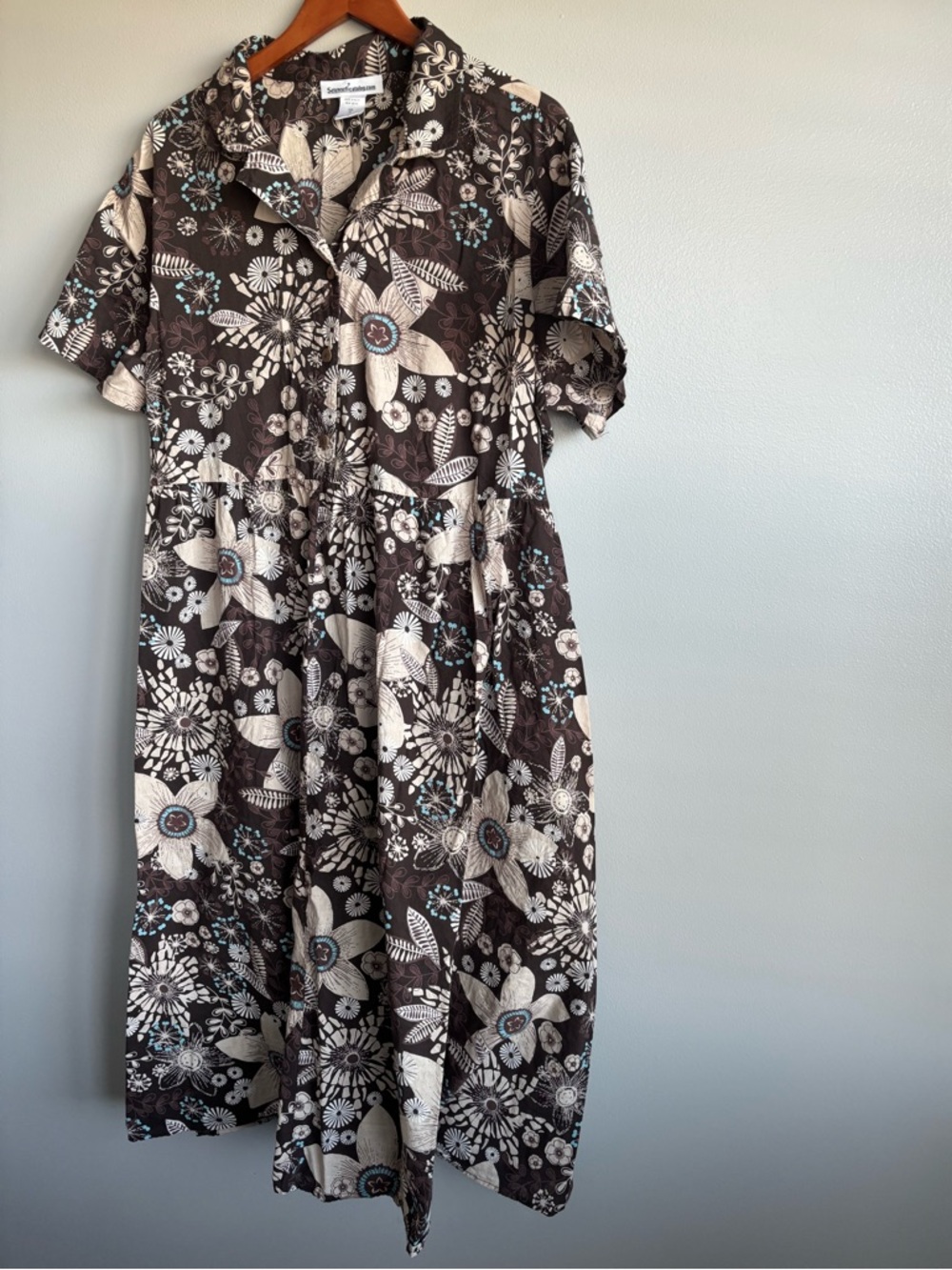 Serengeti Brown Tan Floral Full Button Short Sleeve Cotton Collar Midi Dress 2X - Picture 2 of 8